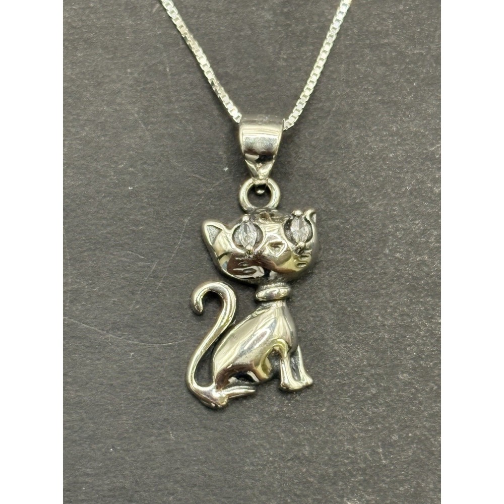 Sterling Silver Cubic Zirconia Cat Pendant Necklace 18" Box Chain